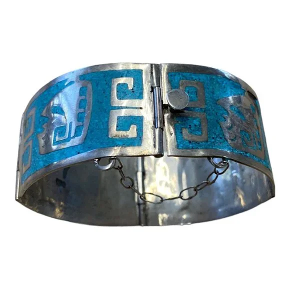 Mexico 925 Sterling Silver Crushed Turquoise Inlay Greek Key Bracelet READ